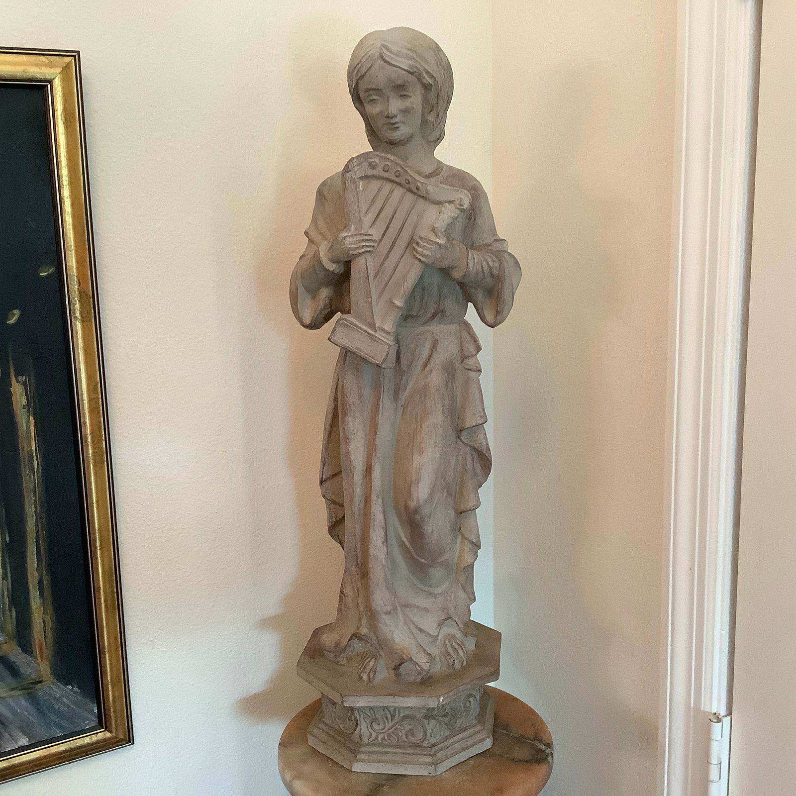 Lightweight Synthetic Statue of Girl with Harp on Octagonal Base: Marble appearance, but is a lightweight material