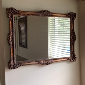 Large Gilded Mirror with Beveled Glass, Ornate Embellishments on Corners and Centers