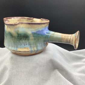 Studio Pottery Glazed Pot with Long Trumpet Handle and Double Pour Spouts