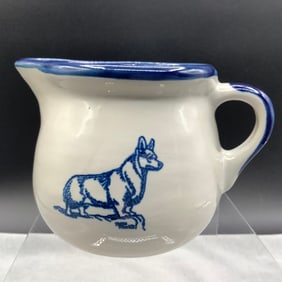 Louisville Stoneware Creamer with Cobalt Blue Rim and Corgi