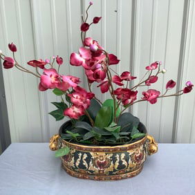 Large Tureen Satsuma Style Vessel with Faux Pink Orchids