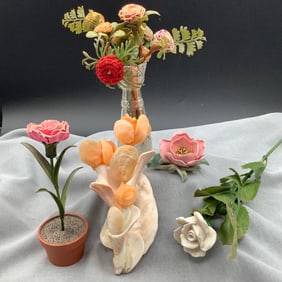 Mixed Flowers Lot:  Metal Potted Flower, Flowers Made of Shells, Pottery Flowers and Embroidery