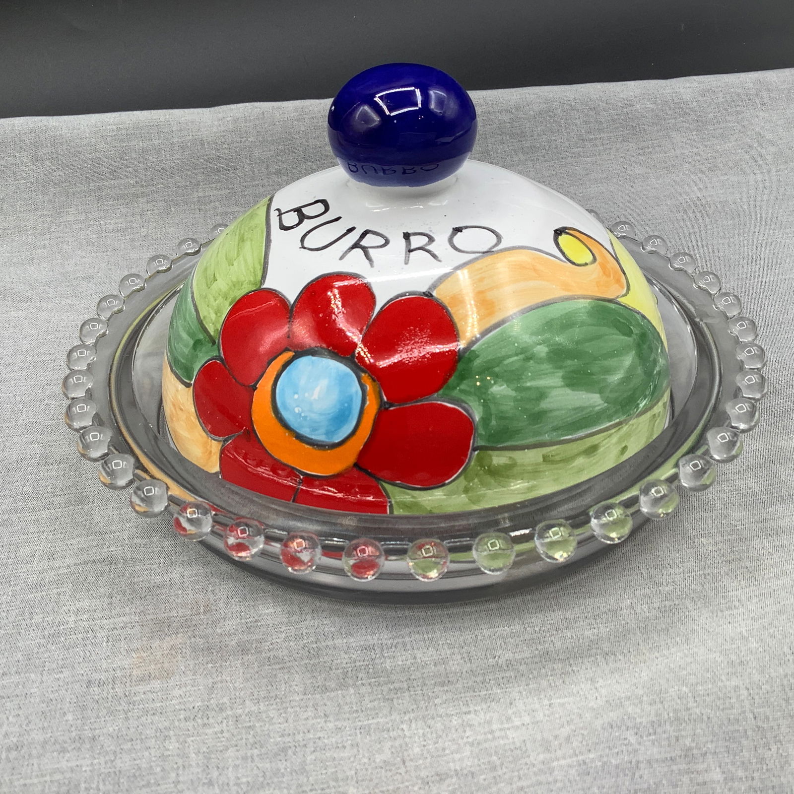 Nino Parrucca Hand Painted and Signed Lid on Glass Dish: Burro with Bright Color Flowers Most likely not originally together, but fit together well.