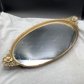 Large Vintage Mirrored Vanity Tray with Pierced Gold Colored Border