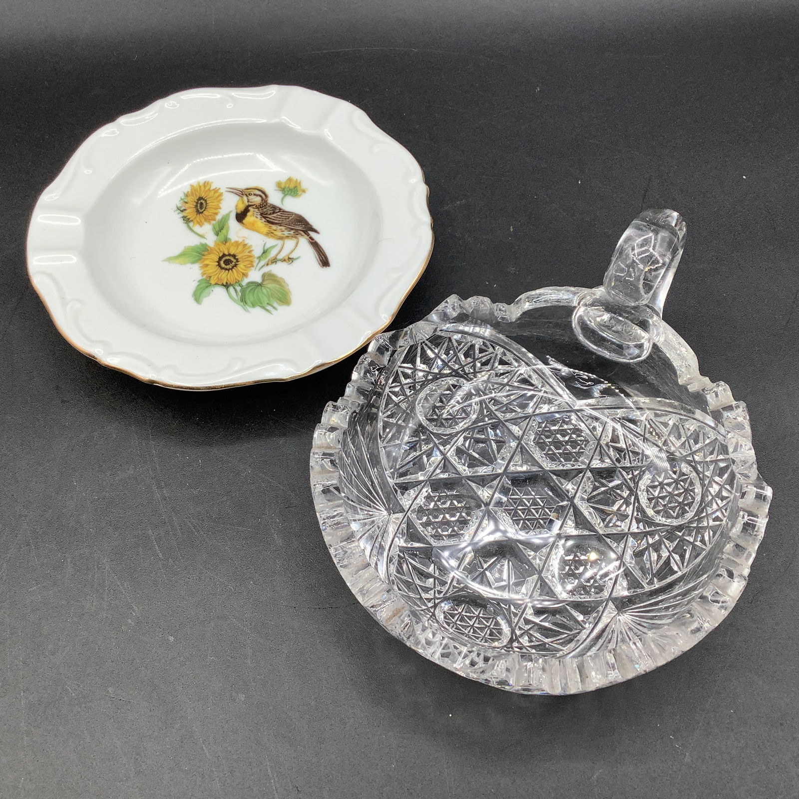 Pair of Ashtrays, Cut Crystal with Thumb Holder and Porcelain with Bird (1 of 7)