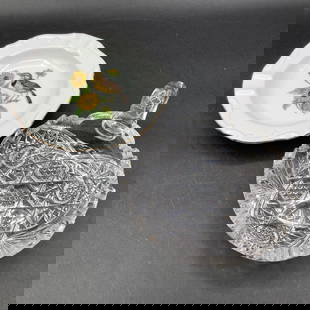 Pair of Ashtrays, Cut Crystal with Thumb Holder and Porcelain with Bird: Porcelain ashtray made by E & R Western Germany Cut crystal has 3 smooth wells