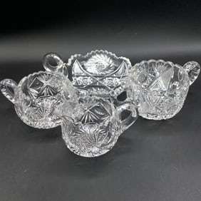 4 Pieces Cut Glass, 2 creamers, 1 nappie, 1 creamer