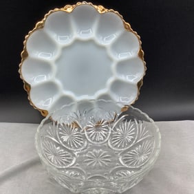 Anchor Hocking Milk Glass Egg Dish and Pressed Glass Bowl
