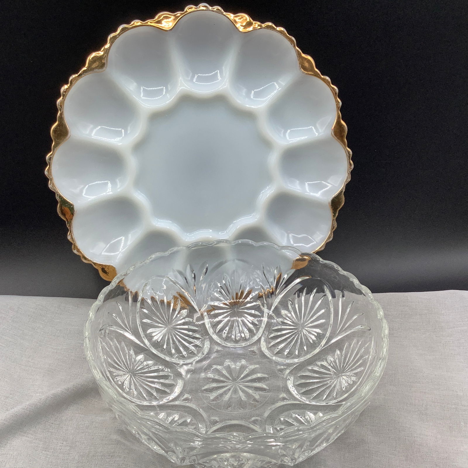 Anchor Hocking Milk Glass Egg Dish and Pressed Glass Bowl (1 of 6)