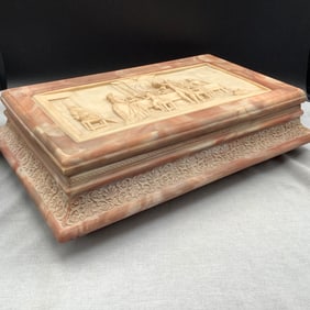 Carved Alabaster Jewelry Box, High Relief Carvings on Top