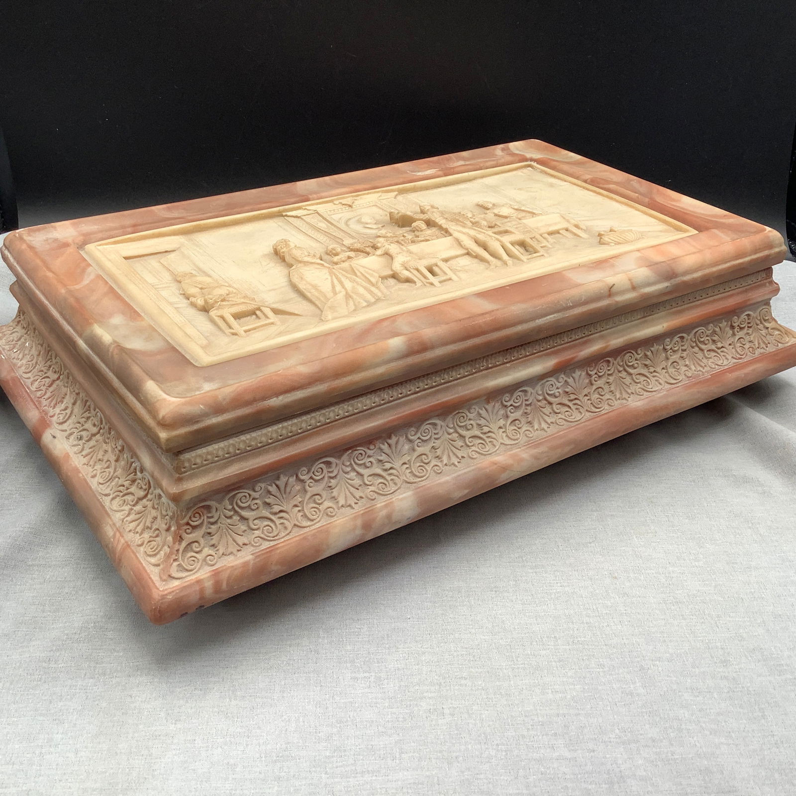 Carved Alabaster Jewelry Box, High Relief Carvings on Top (1 of 17)