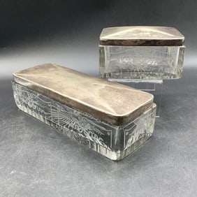 Pair of Etched and Cut Glass Dresser Boxes with Silver Plated Lids
