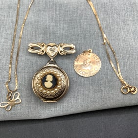 14 Kt Gold Herringbone Necklace with Butterfly Charm, Cancer Charm and Cameo Locket Brooch