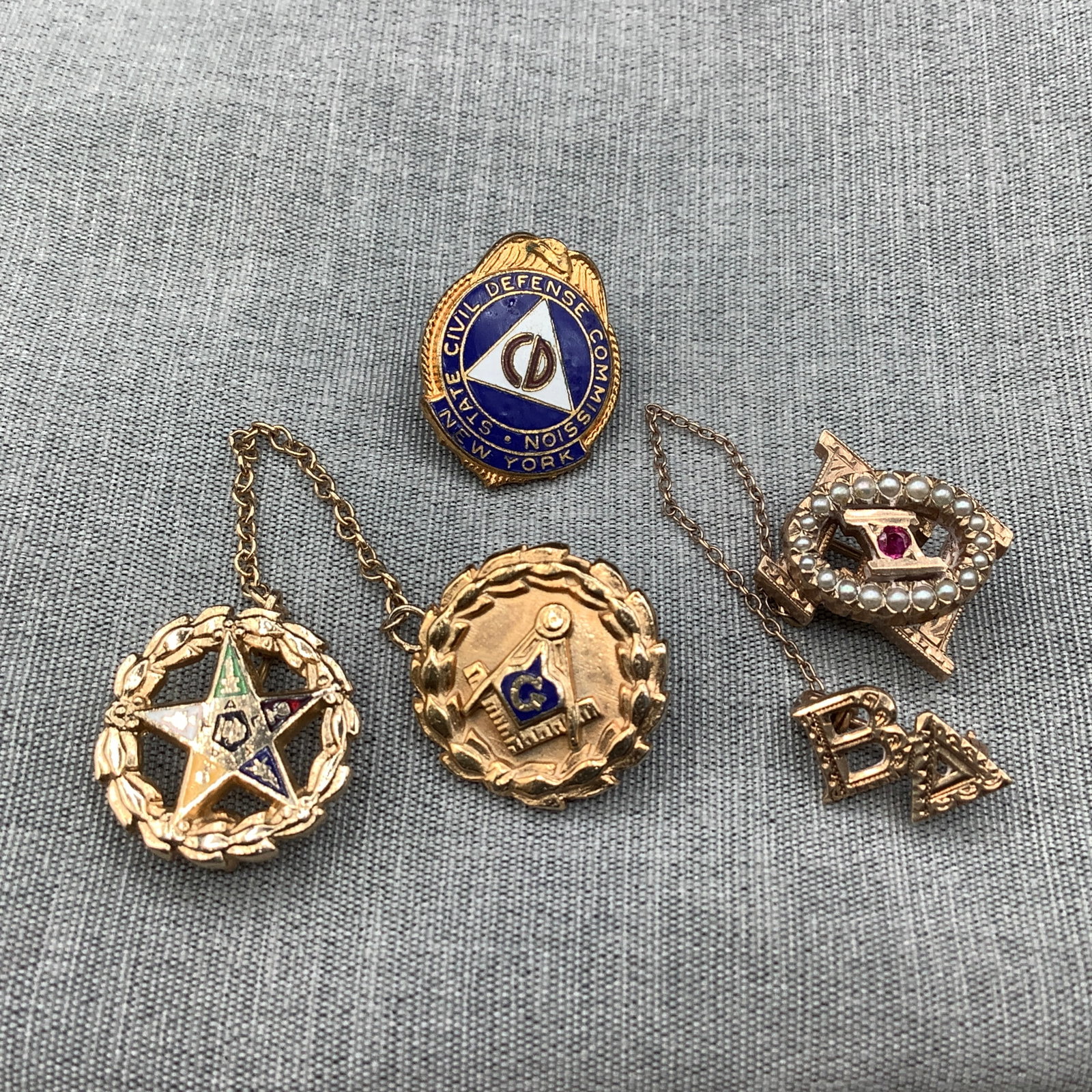 Pins: Masonic Pins, Fraternity / Sorority Pins, NY State Civil Defense Commission: Fraternity / Sorority pins have seed pearls and a tiny ruby
