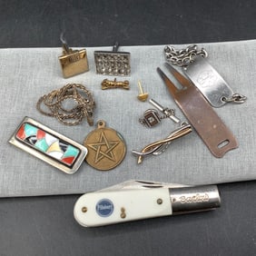 Mens Jewelry Drawer Finds: Money Clip, Pocket Knife, TIe Bar, Medallion, Chain
