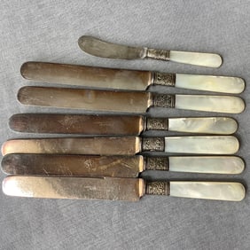 Antique Landers Frary & Clark Aetna Works Knife Set with Sterling Repousse Ferrules and Mother of