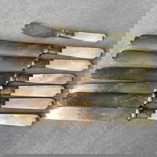 Antique Landers Frary & Clark Aetna Works Knife Set with Sterling Repousse Ferrules and Mother of: Set of 6 Landers Frary & Clark knives Sterling silver repousse ferrules and mother of pearl handles Butter knife different manufacturer also with Sterling silver and mother of pearl