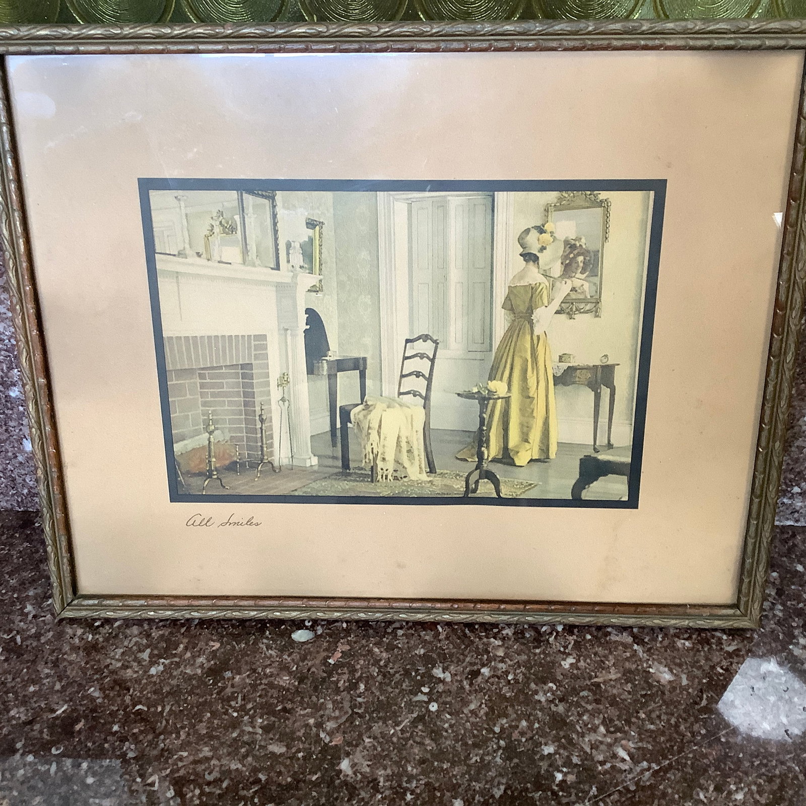 Framed colorized print "All Smiles": Print is framed and matted and colorized with predominant yellow tones