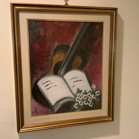 Framed Still Life Art with Violin, Book and Flowers
