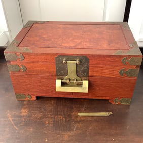 Chinese Wood with Brass Hardware Jewelry Box with Brass Slide Lock