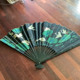 Large Ornamental Paper and Bamboo Chinese Fan Wall Size Decor