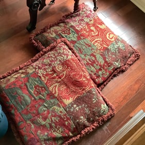 Pair of Patchwork Design Floor Pillows with Full Fringe Border