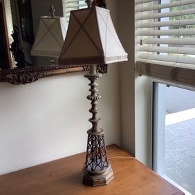 Italianate Metal Table Lamp with Openwork Base and Detailed Shade