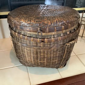 Oversized Vintage Basket with Metal Hinged Lid