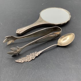 Sterling Silver Olive Tongs, Sterling Spoon and Small Art Deco Hand Mirror