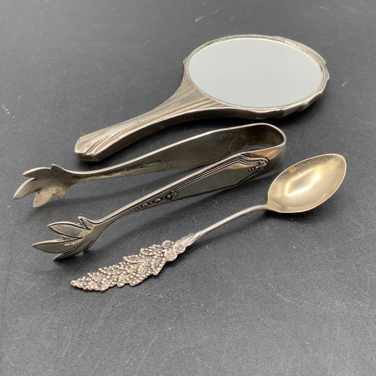 Sterling Silver Olive Tongs, Sterling Spoon and Small Art Deco Hand Mirror (1 of 13)