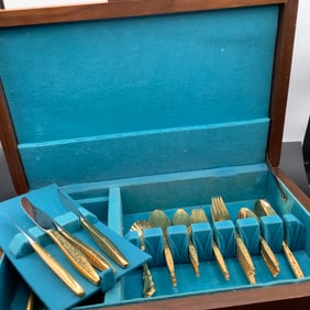 Wood Flatware Chest with Gold Colored Flatware