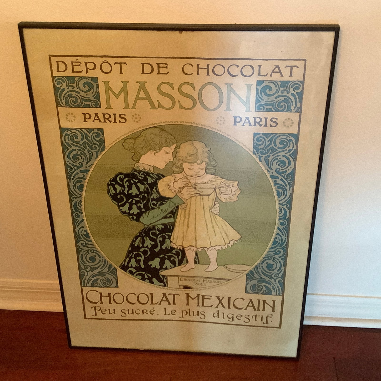 Framed French Masson Chocolate Advertising Poster: Printed in Italy 1982. Item will have to be shipped flat as it is attached to backboard. Simple black frame 29 inch x 21 inch