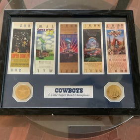 Dallas Cowboys 5 Time Super Bowl Champions Collectible With Super Bowl Tickets and Brass Medallions