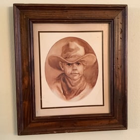 Vel Miller Young Cowboy Oval Sepia Print in Wood Frame