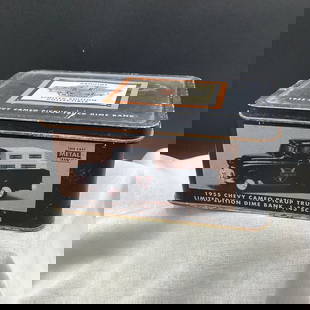 Harley Davidson Diecast Metal Replica of 1955 Chevy Cameo Pick Up Truck Limited Ed Dime Bank: 1:43 scale, with tin box Genuine Harley Davidson Collectible