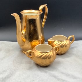 Hall Golden Glo 22K Pitcher and Gold Porcelain Cream and Sugar
