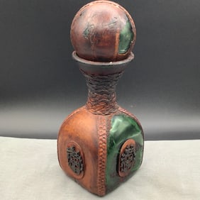 Italian Leather Wrapped Green Glass Decanter