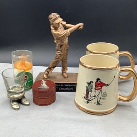 Golf Items: Trophy, 2 Mugs, Trinket Dish, Shot Glass and More