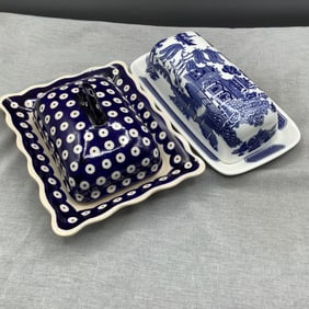 Pair of Blue and White Butter Dishes, Boleslawiec Poland and Churchill Staffordshire England
