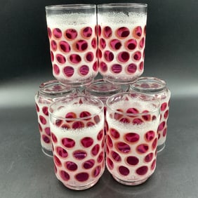 7 Libbey Concord Cranberry and White Frosted Coin Dot Glasses