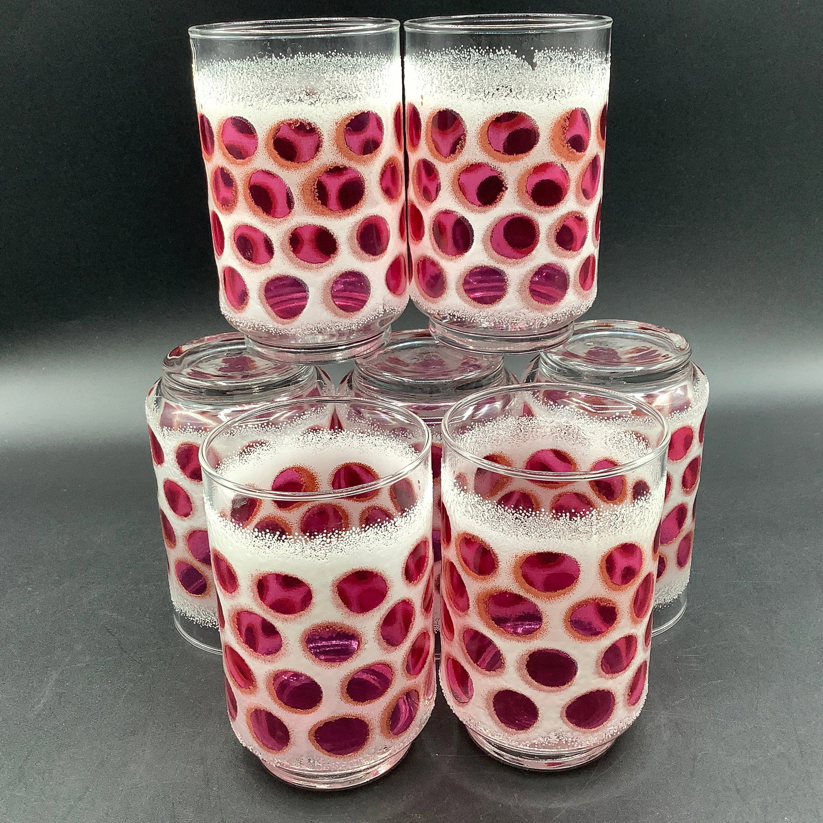 7 Libbey Concord Cranberry and White Frosted Coin Dot Glasses: 7 Libbey Concord Cranberry and White Frosted Coin Dot Glasses