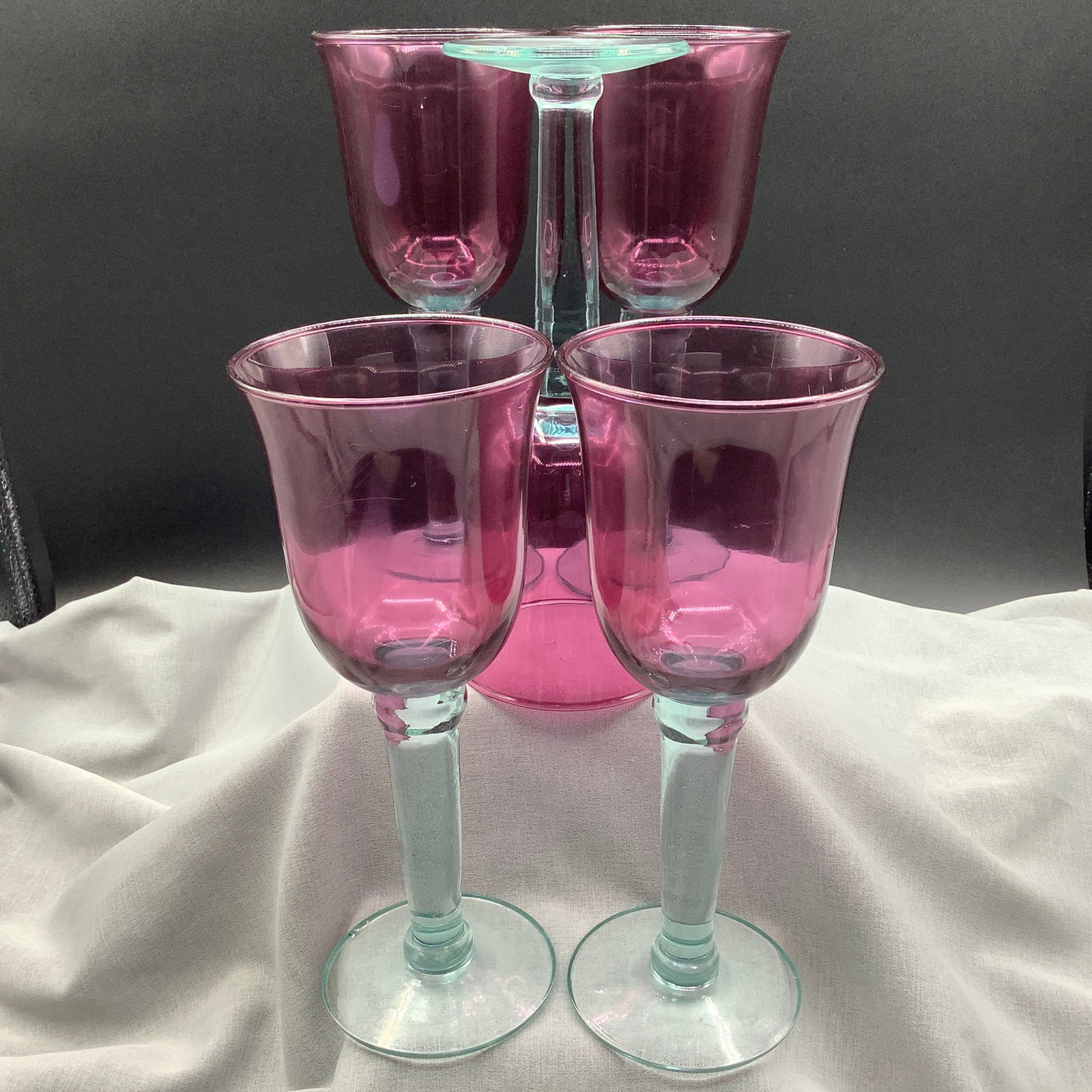 5 Dual Tone Bar Glasses, Amethyst with Teal Stem and Base: No chips. One amethyst color has some surface scratches