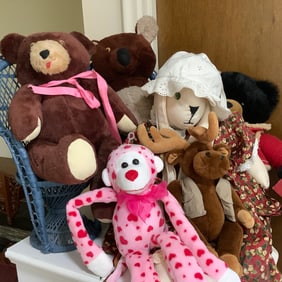 Stuffed Animals and 2 Blue Wicker Doll Chairs
