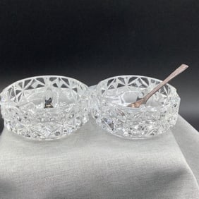 Pair of Glass Salts with Tiny Salt Spoon Made in England