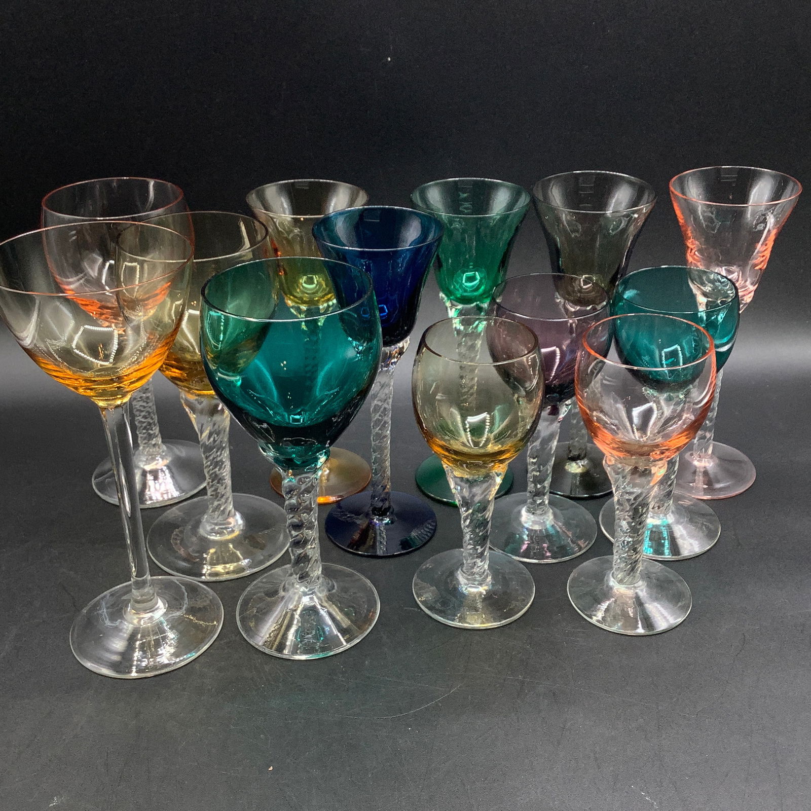 Colorful Barware Glasses Most with Clear Twisted Stems (1 of 4)