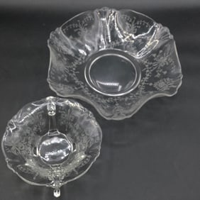 Pair of Etched Glass Candy Dishes, Heisey Signed