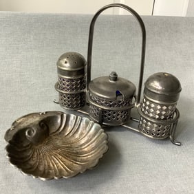 Cobalt and Silver Plated Condiment Set and Shell Caviar / Trinket Dish