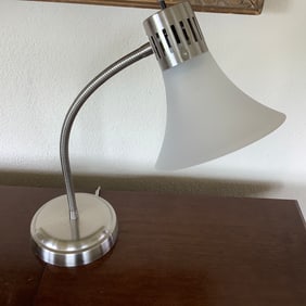 Gooseneck Modern Desk Lamp with Frosted Flared Shade and Chrome Finish