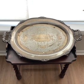 Massive Antique Silver on Copper Footed Serving Tray