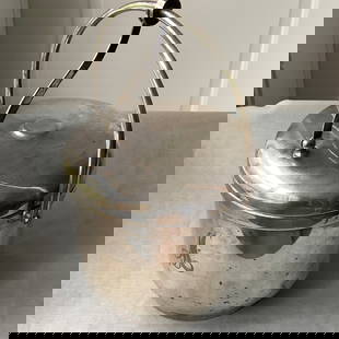 The Sheffield Silver Co Mid Century Ice Bucket with Attached Hinged Lid with Handle: Pyrex insert Monogrammed M